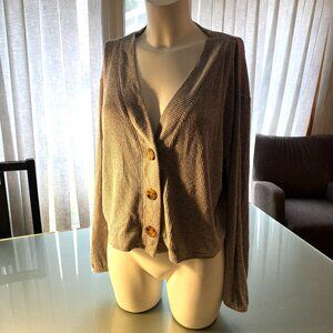 Open Edit Lightweight V Neck Cardigan Sweater Grey Elastic Wrists Size M Cropped